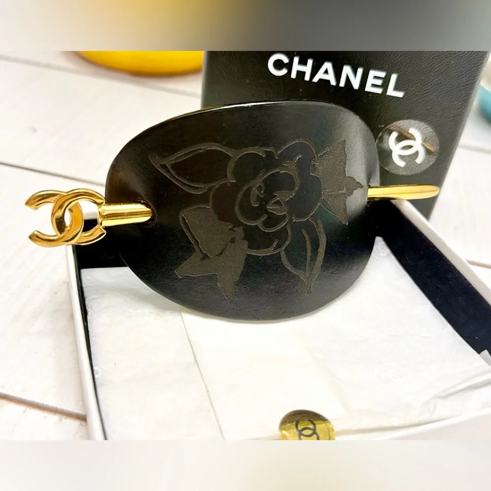 Chanel Black Leather Majeste Hair Stick Pin Camellia Flower 